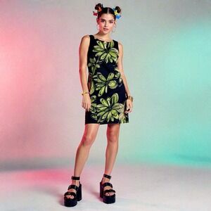 Vtg Y2K AGB Dress 14 Black White Floral Funky Retro Black Green Sleeveless